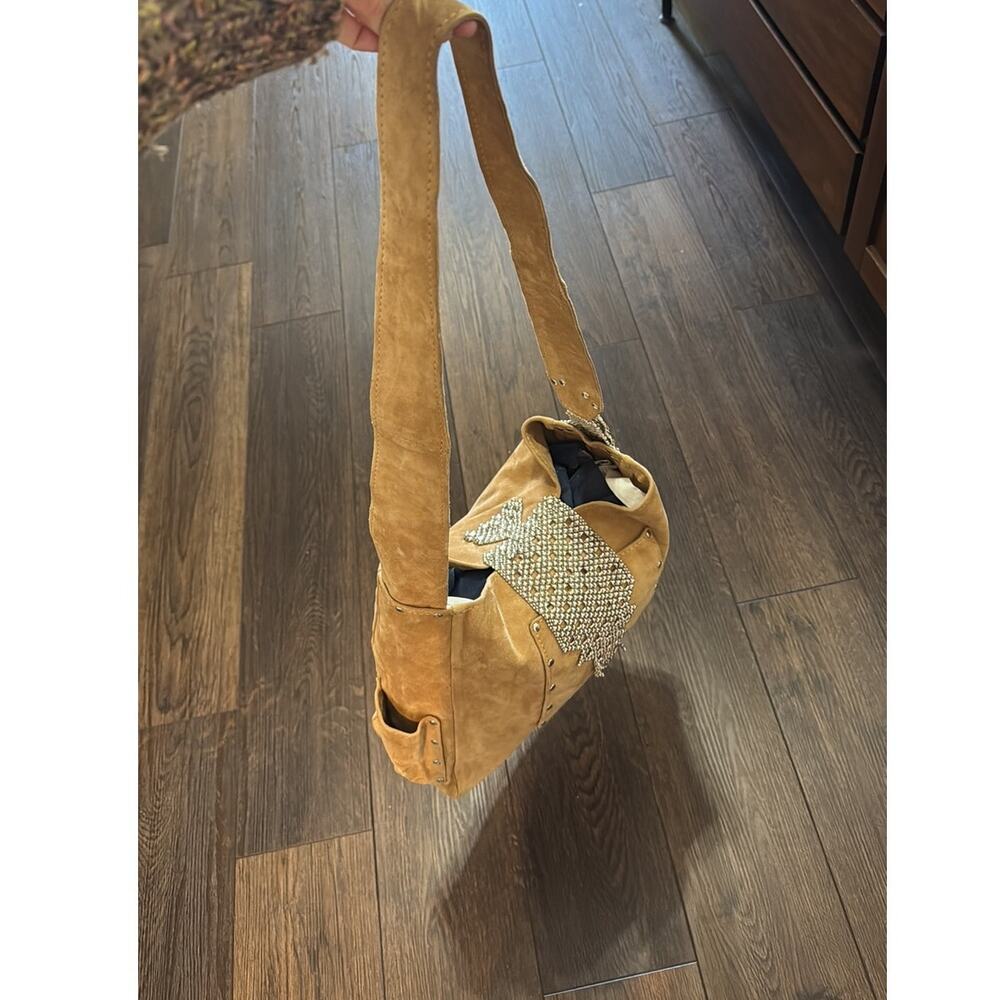 Sergio Gutierrez Liquid Metal collection camel suede crossbody shoulder bag - Picture 10 of 16